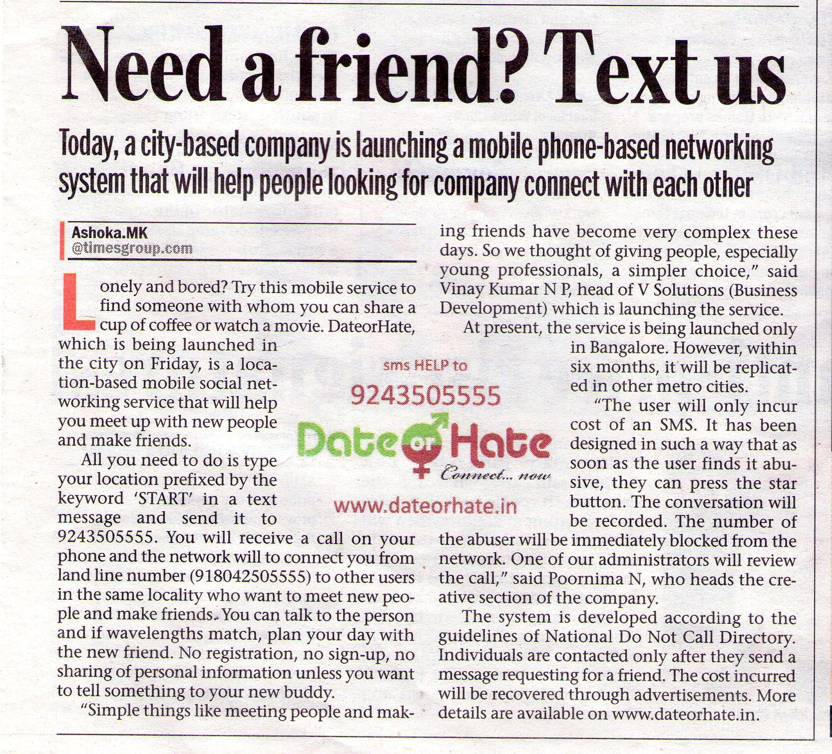 Date or Hate article in Bangalore Mirror